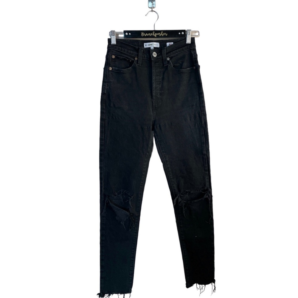 Re/Done Black Destroy High Rise Skinny Ankle Crop Distressed Button Fly Jeans
